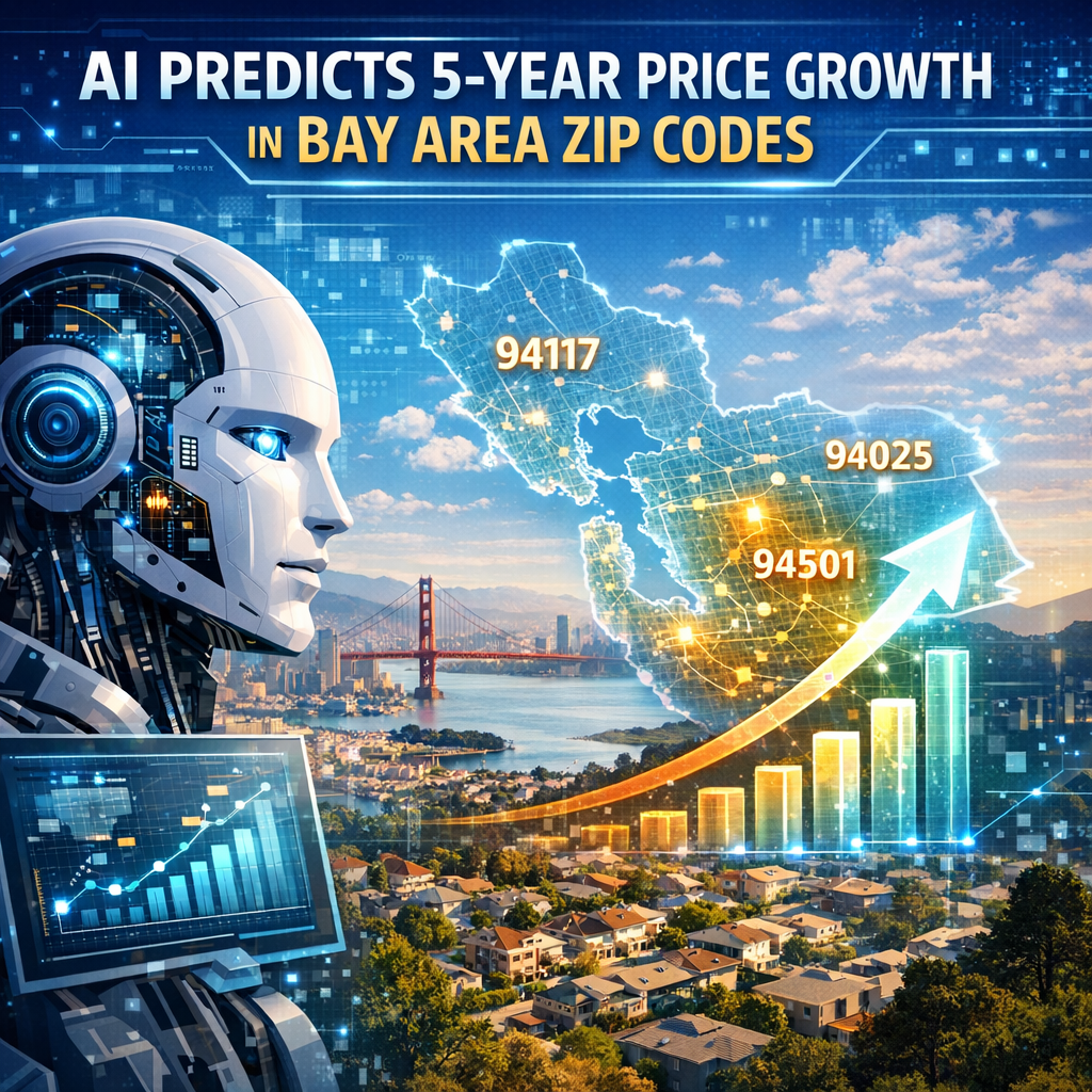 Map of Bay Area with highlighted zip codes 94117, 94025, 94501, and growth predictions by AI.