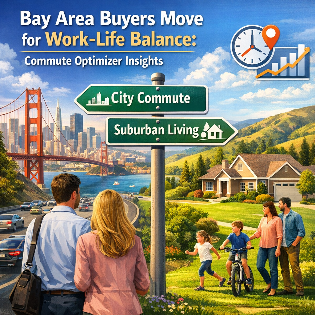 Map of Bay Area showing suburban areas and commute routes highlighted.