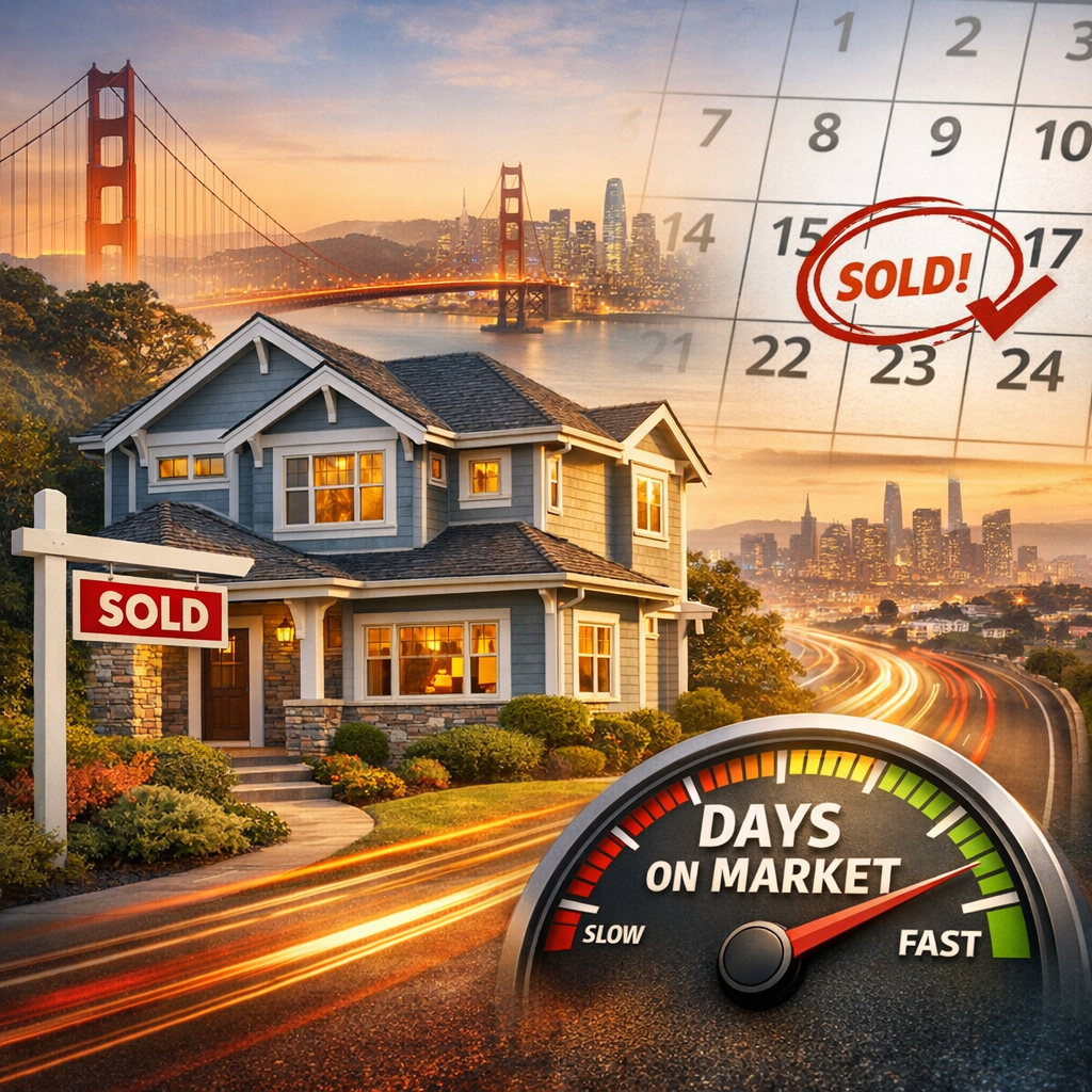 Modern house with a "Sold" sign in San Francisco, Golden Gate Bridge in the background.