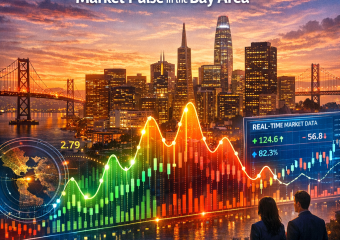 San Francisco skyline at sunset with overlaid graphics of real-time market data analytics.