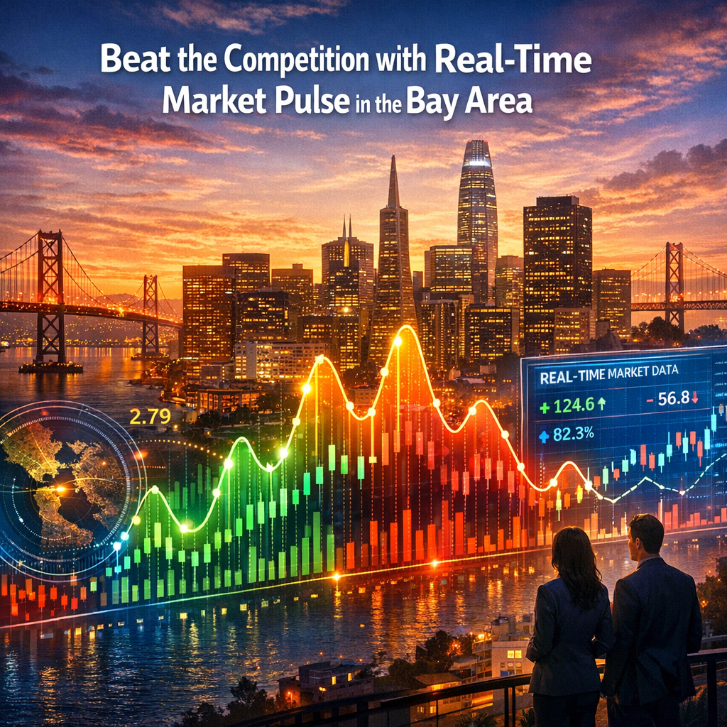 San Francisco skyline at sunset with overlaid graphics of real-time market data analytics.