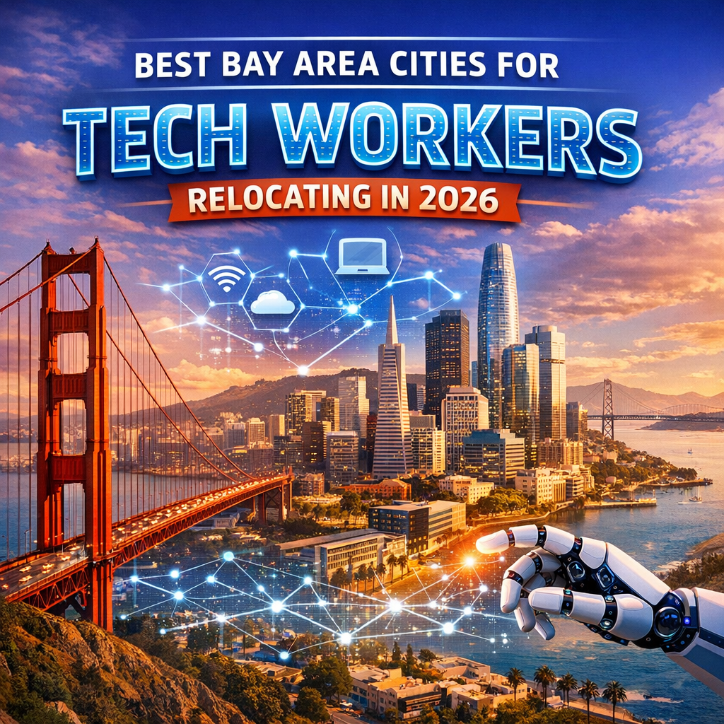 Map highlighting top Bay Area cities with futuristic icons over San Francisco skyline.