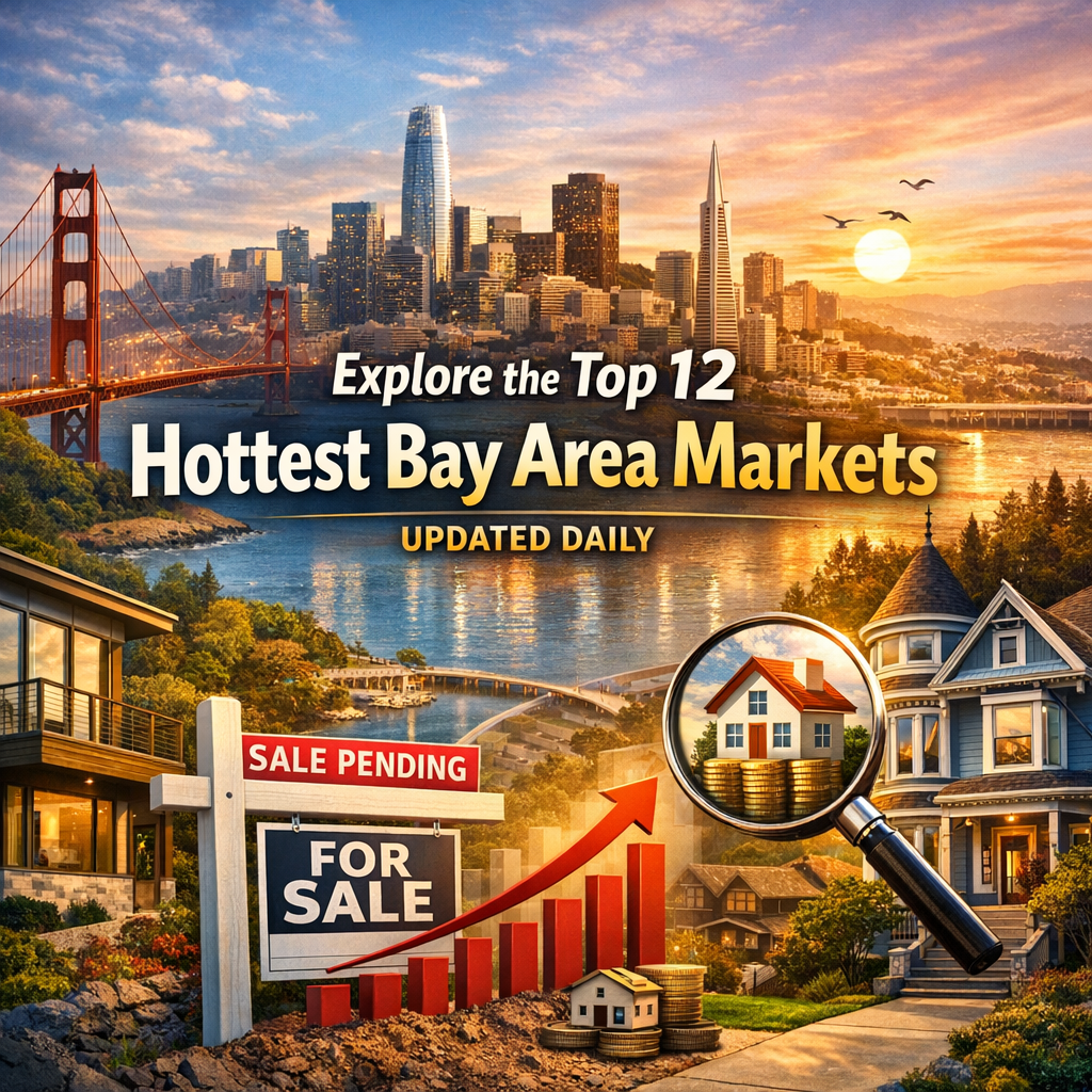 Sunset over San Francisco skyline with Golden Gate Bridge and overlays of real estate market stats.