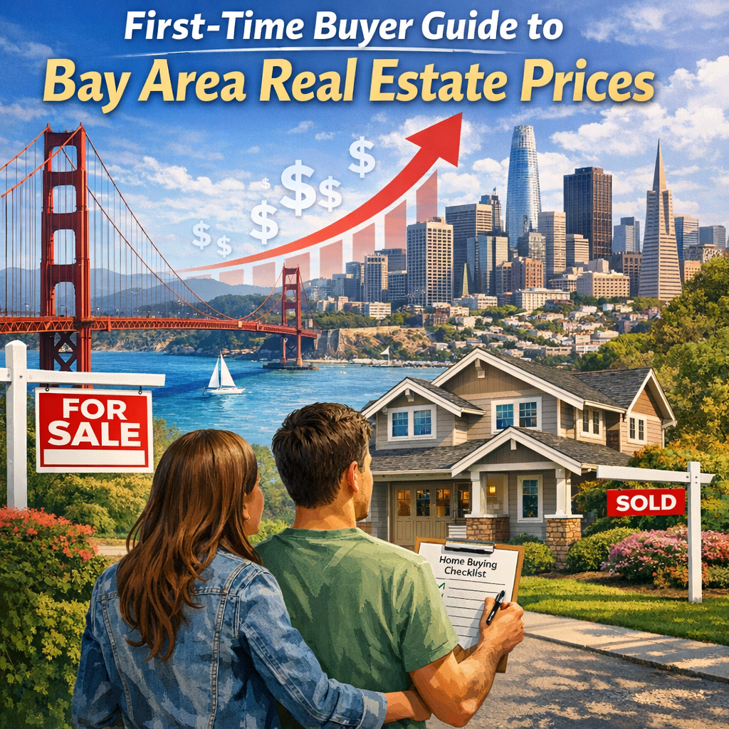 Graphic showing Bay Area home prices and trends for first-time buyers.