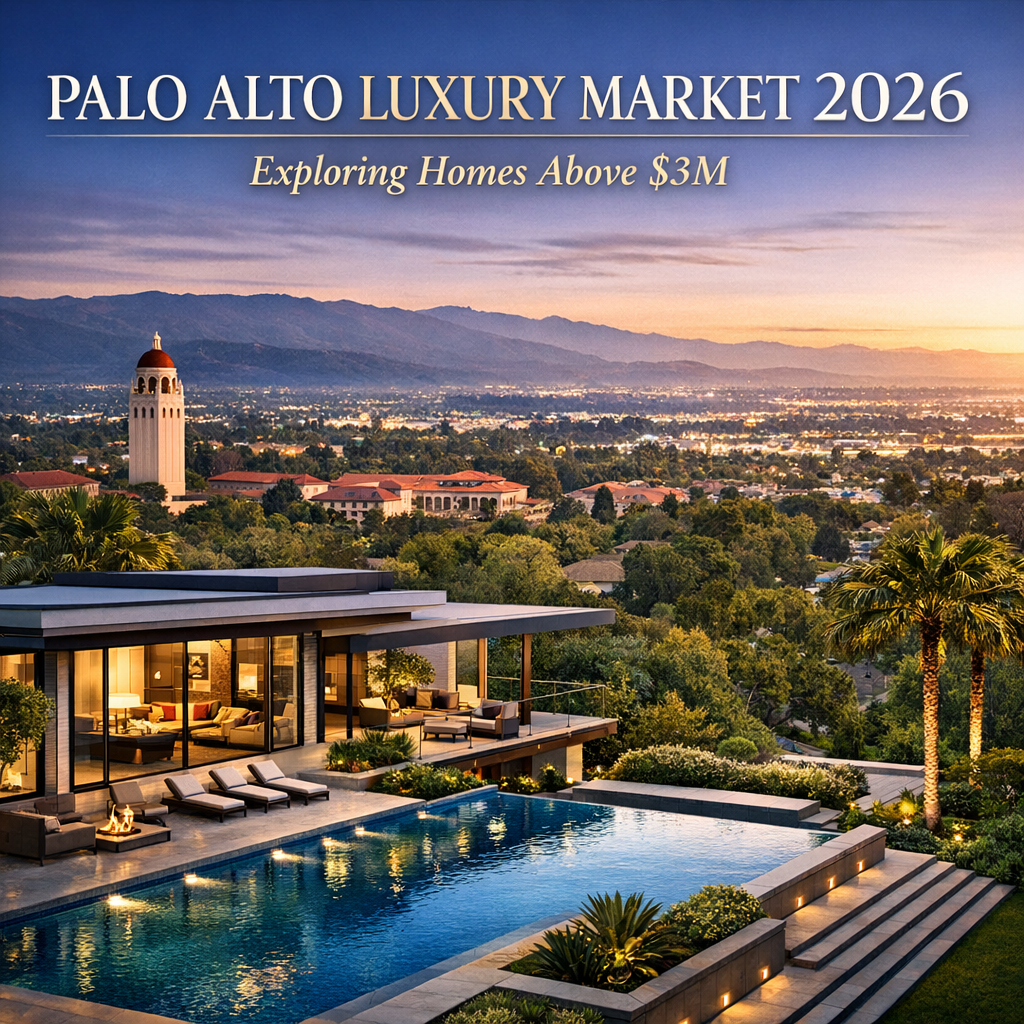 Panoramic view of a luxury Palo Alto home with a pool, representing the 2026 market for homes above $3 million.