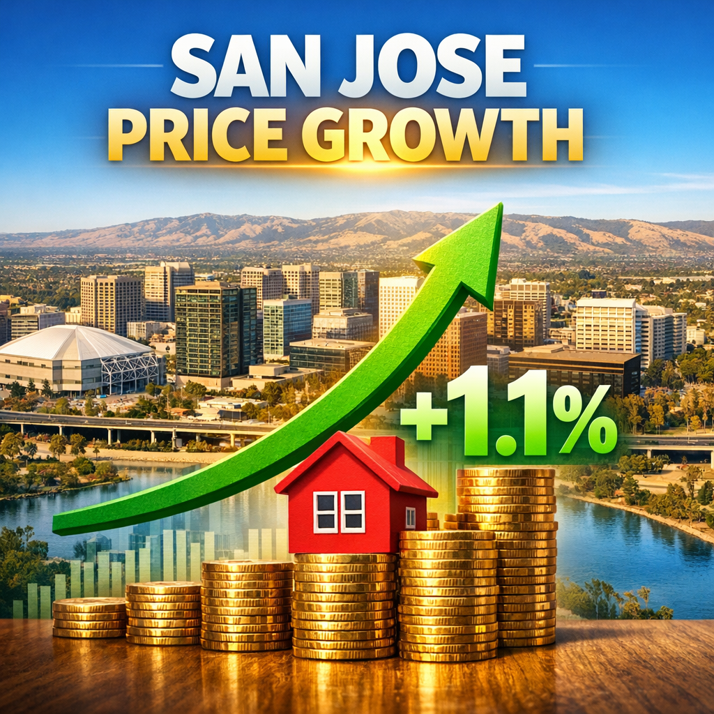 Graph showing 1.1% year-over-year real estate price growth in San Jose compared to other Bay Area cities.