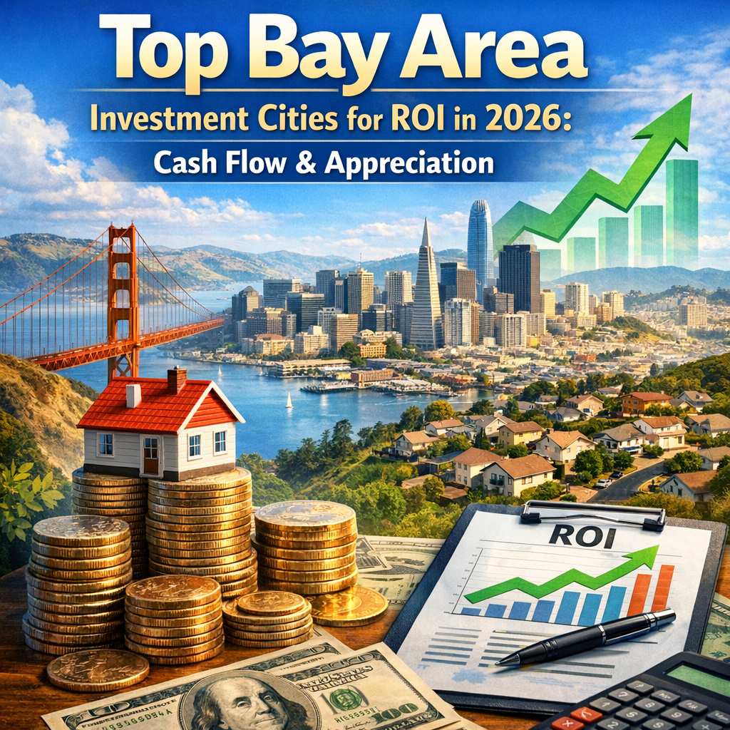 Map highlighting top Bay Area cities for real estate investment ROI in 2026.