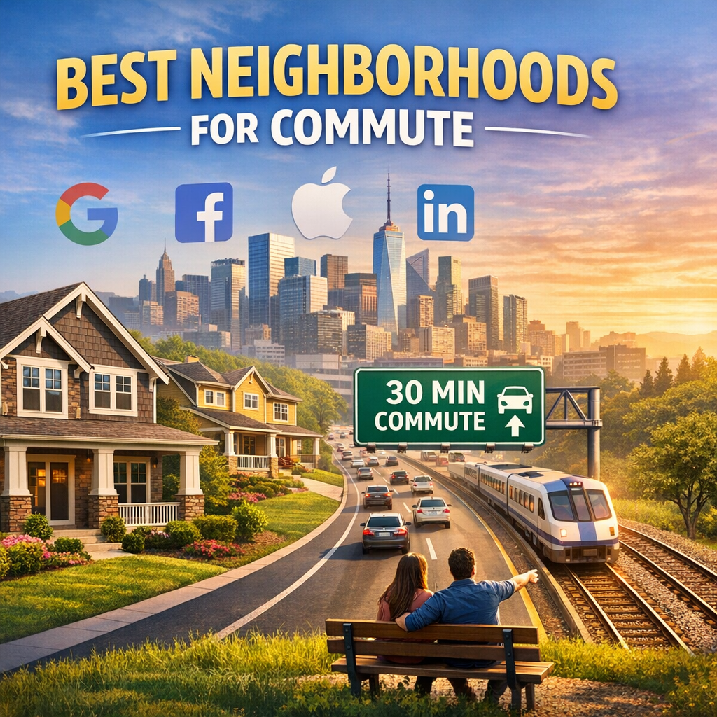 Map showing scenic neighborhoods within a 30-minute commute to major tech company headquarters.