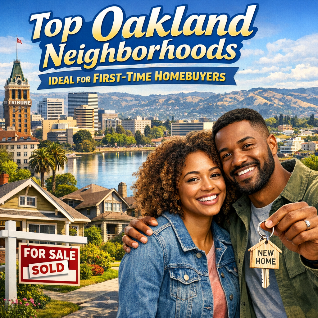 Happy couple with a new home key in front of Oakland skyline and sold house sign.