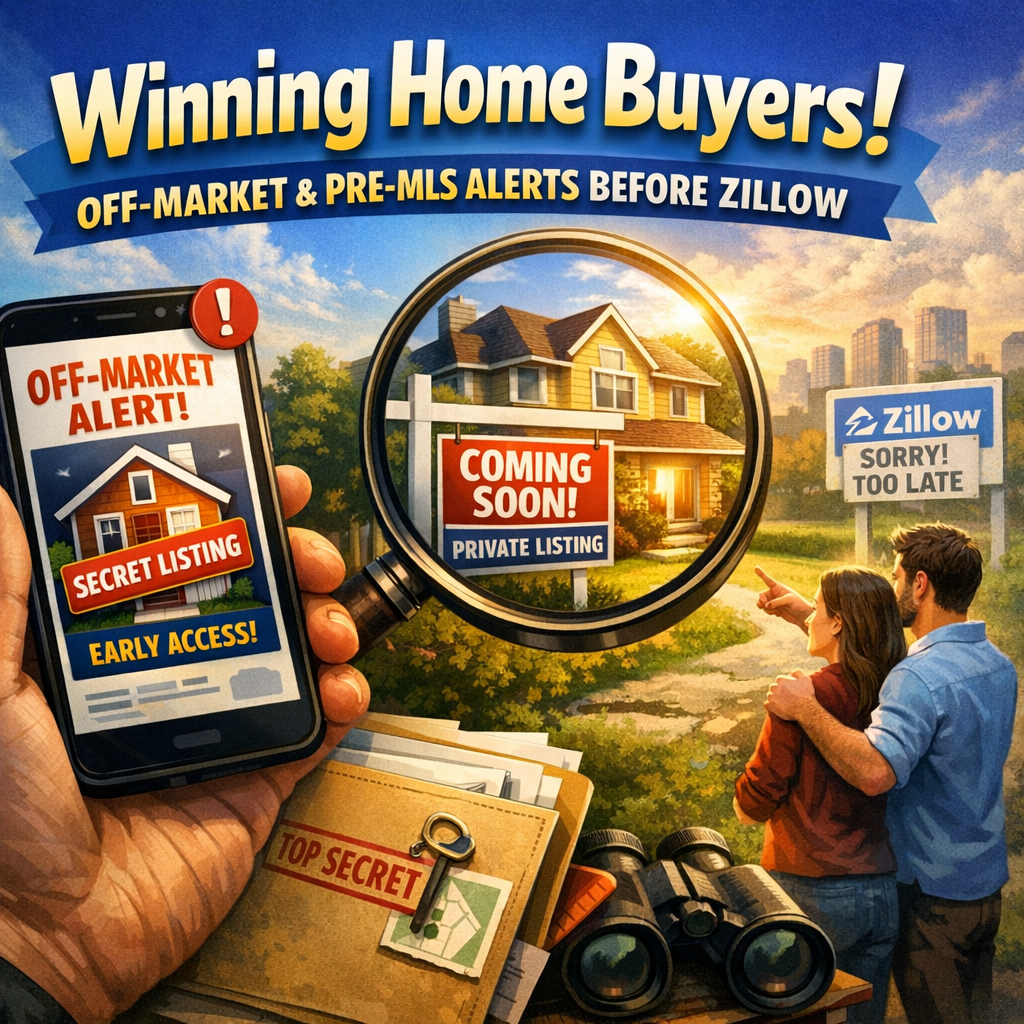 Illustration of a happy family viewing a 'Sold' sign in front of a house, symbolizing off-market home buying success.